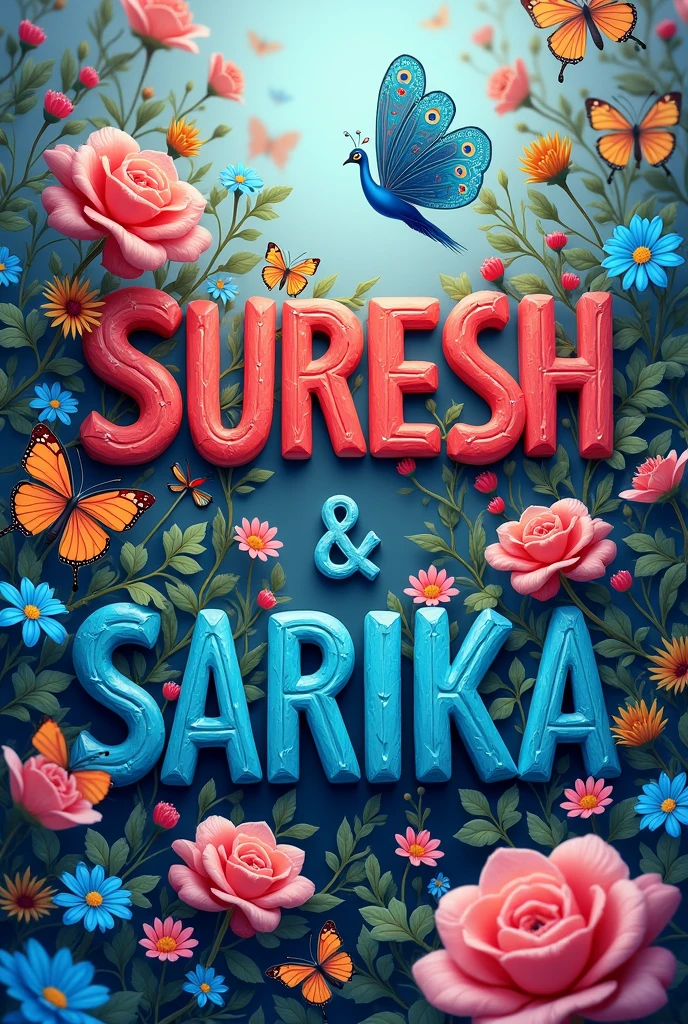 SURESH name with red color and SARIKA name with blue color flowers butterflies and peacocks background 