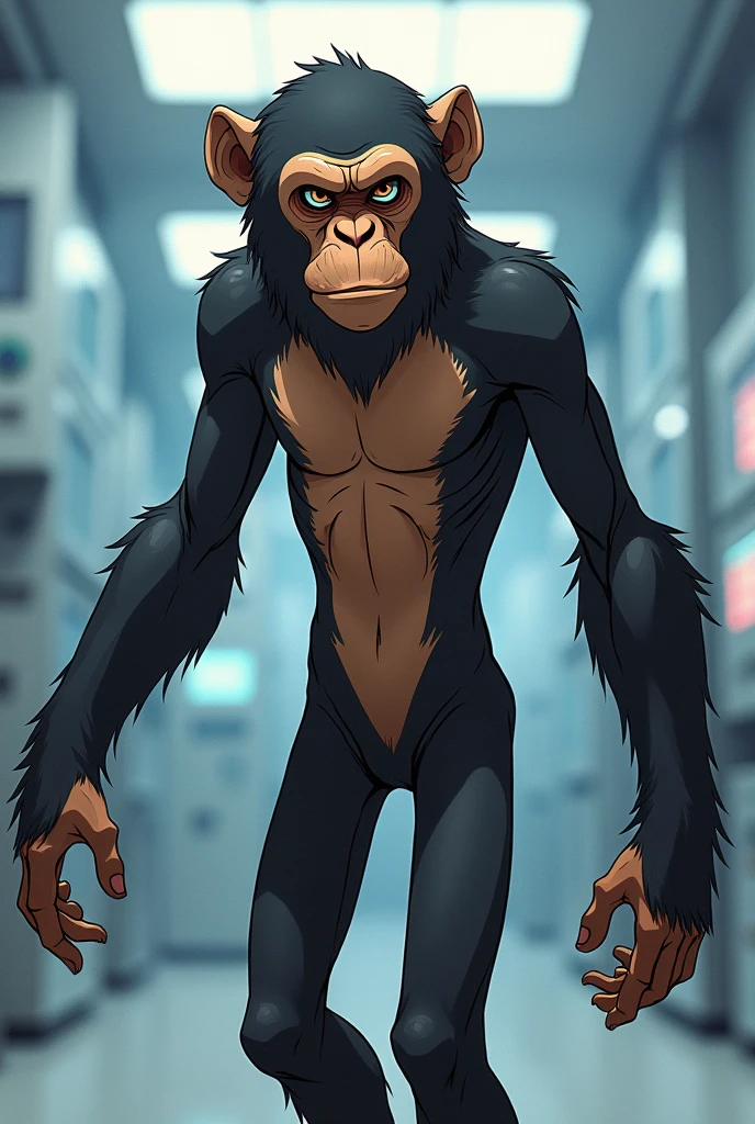 Create an anime-style image of a hypothetical species of a hybrid between humans and chimpanzees, developed using advanced genetic editing techniques (like CRISPR