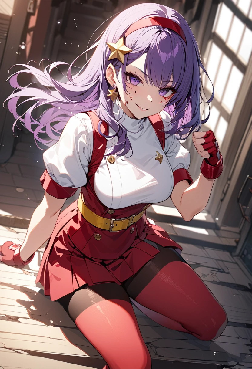 (masterpiece)、(Highest quality)、(Ultra-detailed)、Intricate details、Athena 97、(One Girl)、solo、Purple eyes、Purple Hair、Hair length、White Earrings、Red Hairband、Star hair ornament、Medium breath、Red vest、White turtleneck、White puff sleeves、Short sleeve、Red pleated skirt、(Crimson Pantyhose:1.2)、Black Pantyhose、Yellow Belt、Purple sphere necklace、Red fingerless gloves、White short socks、Red Shoes、Wicked Smile、Browsing Caution、Cowboy Shot、Blurred Background、Anime Style、(There is blood on the face:1.4)、(Combat Stance:1.6)