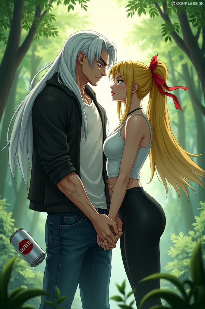 trunks,long straight white hair,Red eyes,semi muscular,scar mark above one of his eyes,White T-shirt,long black jacket,dark blue jean pants,black boots,white saiyajin cola,next to a woman with a female body,long yellow hair tied with a red ribbon,sky blue eyes,white short sleeveless shirt,black pants stuck to his legs,brown boots holding hands romantically in the forest