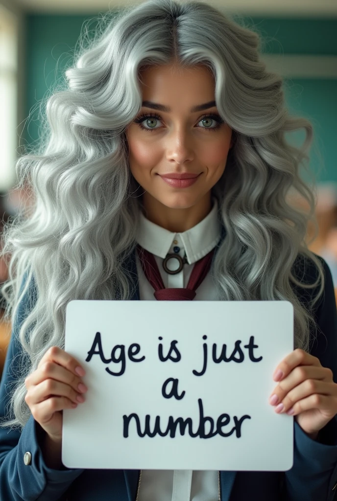 A beautiful youthful looking Hispanic version of a gray haired Ariana Grande as a 50 years old woma n with long her completely gray hair in a big curls styles as a high school student wearing a high school uniform in a high school classroom holding a white board with text " age is just a number" and showing it to the viewer
