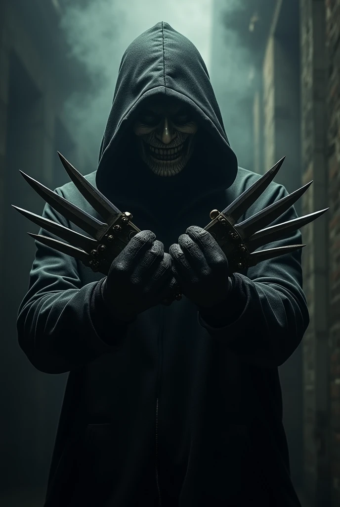 Man in mask, blades in the fingers and a knife in the right hand