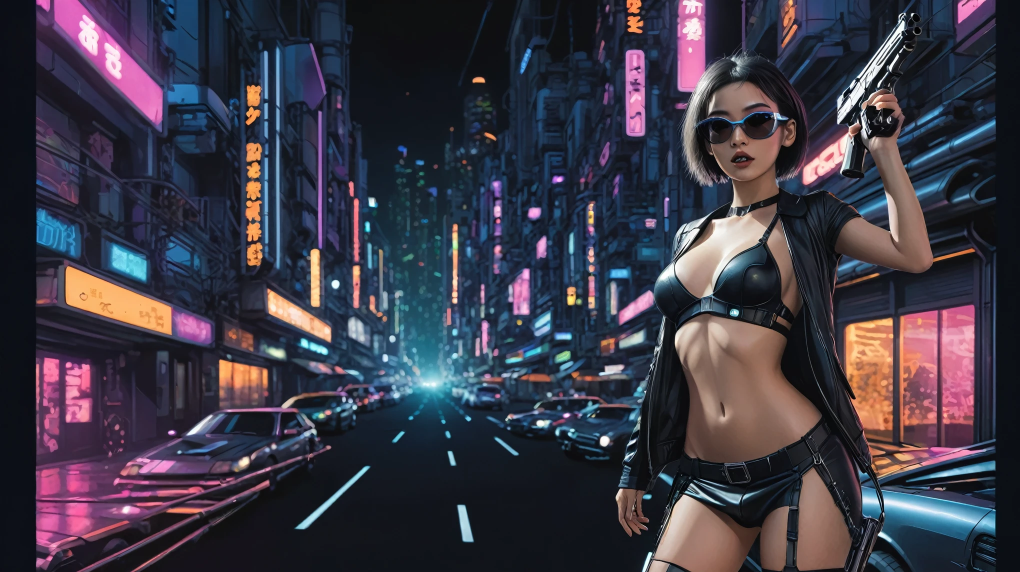 simple comic style cyberpunk city, line art background, flying cars, at night. (1girl, solo), photo realistic, medium-breast:1.3 slim body, cleavage, sling top, miniskirt, black sunglasses, holding a short gun, half-body thigh level medium shot, cinematic lighting, ray tracing.