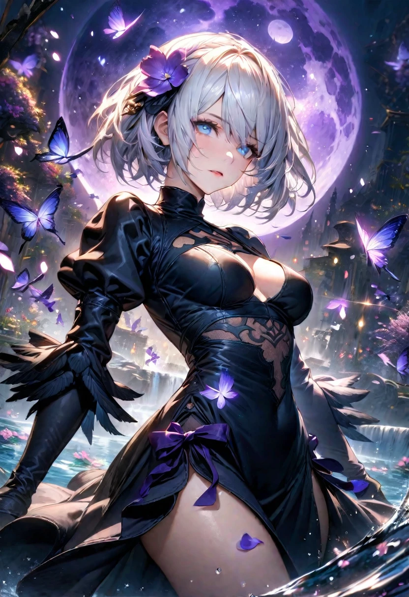 absurdres, highres, ultra detailed, HDR, master piece, best quality, 2B, white hair, expressive blue eyes, Nier Automata, solo, woman, beautiful, black dress, fantasy, magical, shining, purple flowers, blossoms, water, purple petals, purple butterflies, sparkling, purple moon, starry sky
