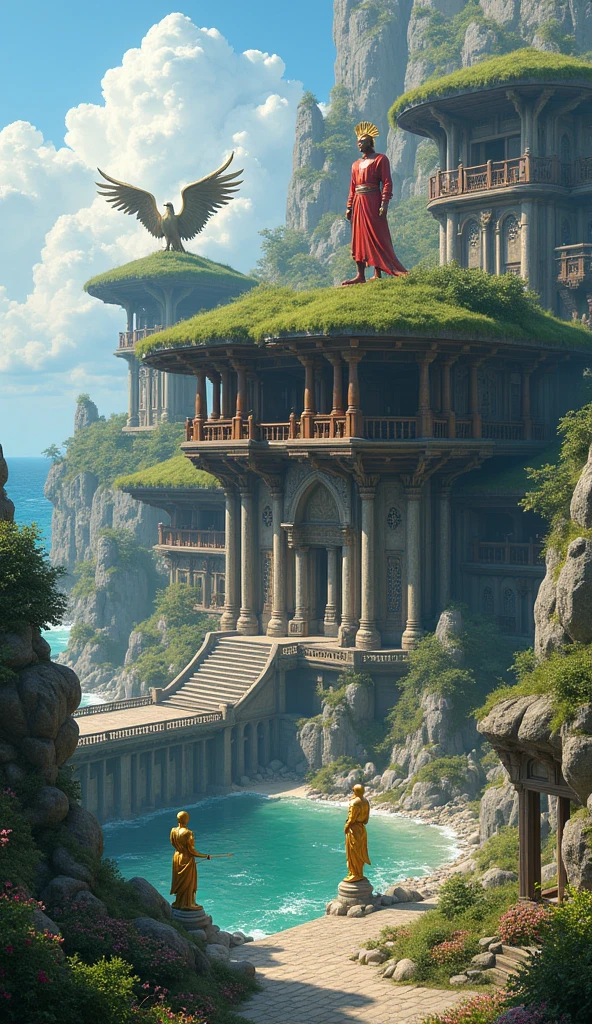 A grand city by the sea, Nalandangan features towering wooden structures with massive pillars. The roofs are adorned with grass, and reptilian statues with open mouths and sharp teeth guard the ends of the beams. A Red Warrior statue stands on the roof, with two golden warriors holding spears and shields. To the west is a statue of a maiden washing in a stream, and to the east, a golden eagle with open wings overlooks the city. The surroundings include shrubs, blooming plants, and a courtyard of silver.
