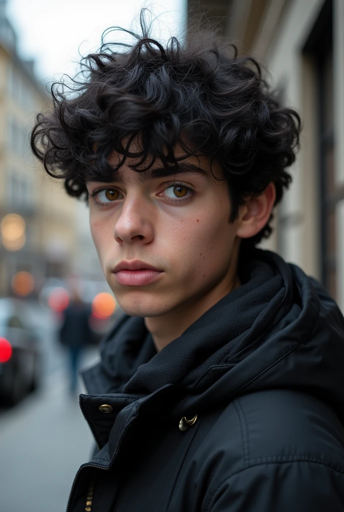 an 18 year old boy, with medium wavy black hair and yellow pupils. Being in the city with a serious look
