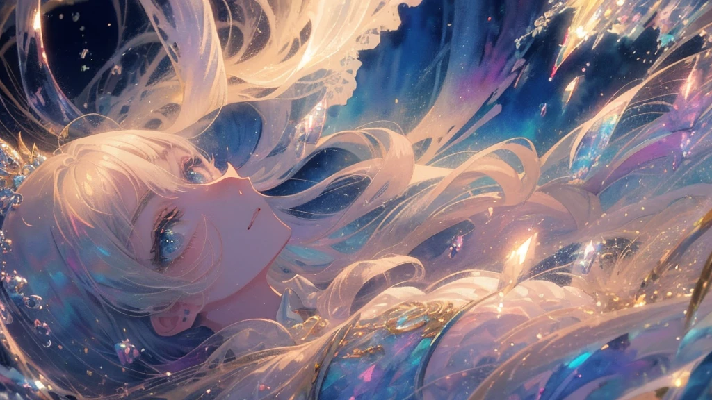 (High quality, 8K), (watercolor paiting:1,2, Soft light:1.5), Upper body, (topaz), Blue,Rainbow Color, One girl, Detailed face, Detailed eyes, watercolor paiting, very magical and dreamy, dreamy and detailed, dreamy atmosphere and drama, Beautiful dreamy lighting, dreamy ambiance, Beautiful atmosphere, Dreamy Romantic, Ethereal dreamy theme, Beautiful atmosphere, Anime Background Art, Magical atmosphere + masutepiece, dreamy aesthetic, Beautiful details with atmosphere,