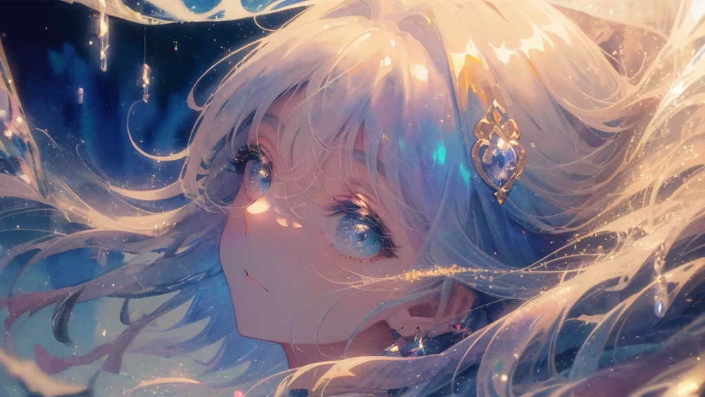 (High quality, 8K), (watercolor paiting:1,2, Soft light:1.5), Upper body, (topaz), Blue,Rainbow Color, One girl, Detailed face, Detailed eyes, watercolor paiting, very magical and dreamy, dreamy and detailed, dreamy atmosphere and drama, Beautiful dreamy lighting, dreamy ambiance, Beautiful atmosphere, Dreamy Romantic, Ethereal dreamy theme, Beautiful atmosphere, Anime Background Art, Magical atmosphere + masutepiece, dreamy aesthetic, Beautiful details with atmosphere,