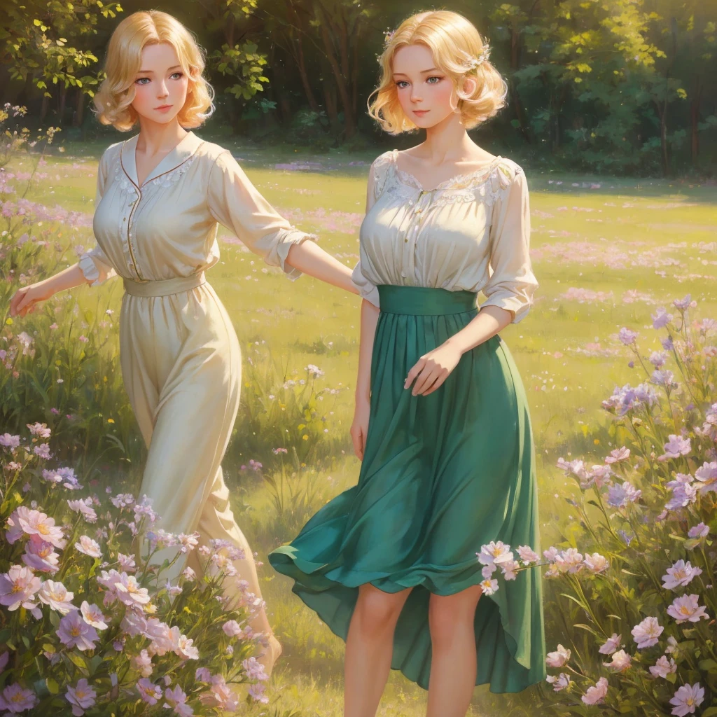 girl, 3個girl, blond, Green eyes, 1930s style, high quality, full-body shot, 17 years old, Big breasts, Long legs and height 170 , silk pajamas, Short skirt standing on the grassland, blue sky flowers, delicate eyes, Delicate lips, Extremely detailed face, long eyelashes, Elegant, beautiful, beauty, charming, Exquisite, oil painting, Digital painting, Realism, 8k, best quality, masterpiece, HDR, bright colors, movie lighting, Soft Focus, warm colors, dream, romantic, femininity