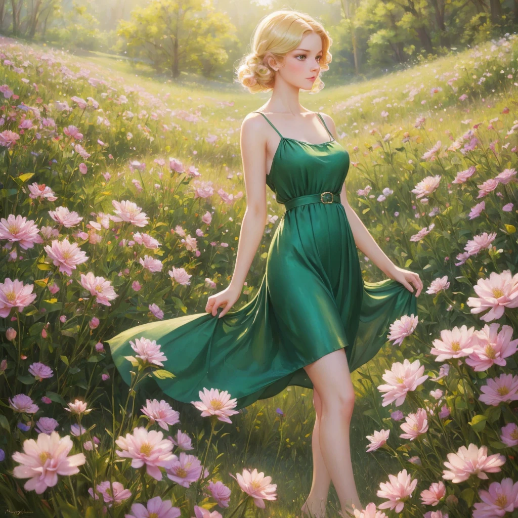 girl, 3個girl, blond, Green eyes, 1930s style, high quality, full-body shot, 17 years old, Big breasts, Long legs and height 170 , silk pajamas, Short skirt standing on the grassland, blue sky flowers, delicate eyes, Delicate lips, Extremely detailed face, long eyelashes, Elegant, beautiful, beauty, charming, Exquisite, oil painting, Digital painting, Realism, 8k, best quality, masterpiece, HDR, bright colors, movie lighting, Soft Focus, warm colors, dream, romantic, femininity