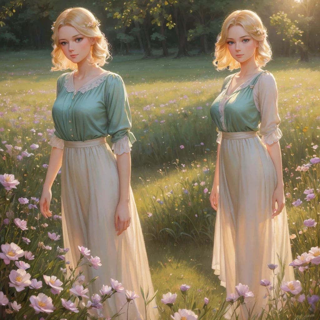girl, 3個girl, blond, Green eyes, 1930s style, high quality, full-body shot, , Big breasts, Long legs and height 170 , silk pajamas, Short skirt standing on the grassland, blue sky flowers, delicate eyes, Delicate lips, Extremely detailed face, long eyelashes, Elegant, beautiful, beauty, charming, Exquisite, oil painting, Digital painting, Realism, 8k, best quality, masterpiece, HDR, bright colors, movie lighting, Soft Focus, warm colors, dream, romantic, femininity
