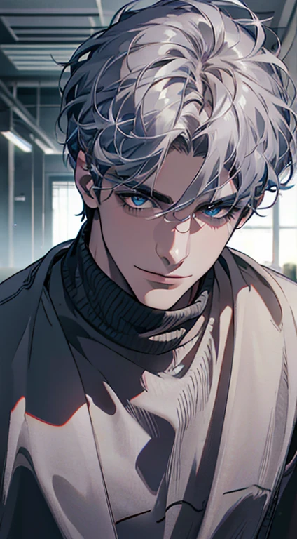 (best quality,4k,8k,highres,masterpiece:1.2),ultra-detailed,(realistic,photorealistic,photo-realistic:1.37),1 man,31 years old,mature man,very handsome,without expression,smile,short grey blue hair,blue eyes,penetrating gaze,perfect face without errors,imposing posture,businessman,office background,cinematic lighting,hdr image