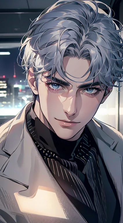 (best quality,4k,8k,highres,masterpiece:1.2),ultra-detailed,(realistic,photorealistic,photo-realistic:1.37),1 man,31 years old,mature man,very handsome,without expression,smile,short grey blue hair,blue eyes,penetrating gaze,perfect face without errors,imposing posture,businessman,office background,cinematic lighting,hdr image