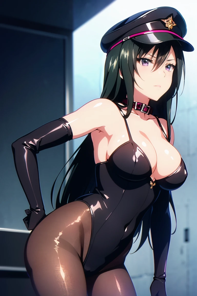masterpiece, best quality, extremely detailed cg unity 8k wallpaper, extremely detailed cg, super fine illustration, beautiful, official art, production art, by famous artist, masterwork, exquisite, ultra high res, ultra detailed, insanely detailed, finely detailed, ultra quality, high quality, top quality, absurdres, absolutely resolution, incredibly absurdres, hair between eyes, long hair, black hair, pink eyes, 16k portrait, anime screencap, anime style, anime best girl, beautiful portrait of cute anime girls, extremely detailed beautiful face and eyes, perfect face, perfect eyes, even eyes, symmetrical eyes, perfect female body, cross bangs, highly detailed, intricate, professional quality, slant eyes, 32k portrait, (((cowboy shot, body shot, lower body))), (((pantyhose, skin tight))), beautiful artwork, super detailed skin, large breasts, hdr, extremely high resolution, bare shoulder, deep detailed eyes, bondage, leotard, cleavage cutout, cleavage, (((elbow gloves))), enamel clothes, gleaming skin, oil skin, shiny skin, bare cleavage, bare collarbone, (((animal collar))), (((peaked military cap))), adult,