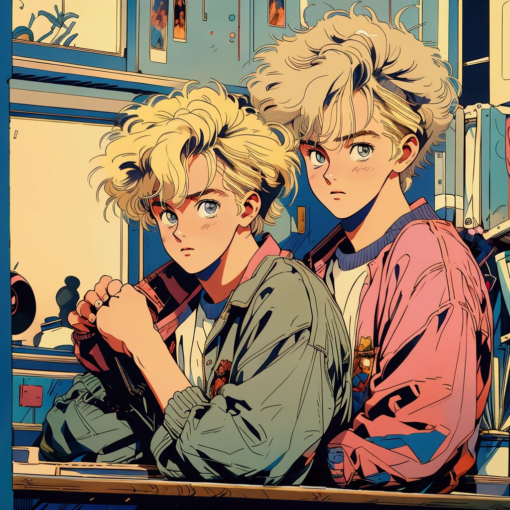 The highest image quality, 90s style anime, 22 year old man, hair blonde, 90s fashion, inside of a bedroom, computer, tabletop, sitting studying, aesthetic
