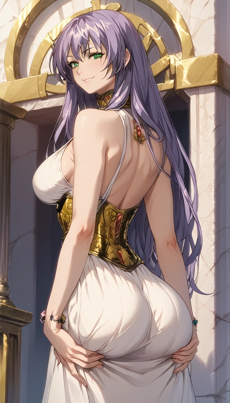 Score_9, score_8_up, score_7_up, score_6_up, source_anime, detailed face, 1girl, standing, white skin, slut, seductive smile, back view, grabbing ass, looking at viewer, horny, 1 girl, sasha, green eyes, purple hair, long hair, large breasts, cleavage, white dress1, dress, neckline, petal bracelet, gold belt, jewelry, high quality, wallpaper