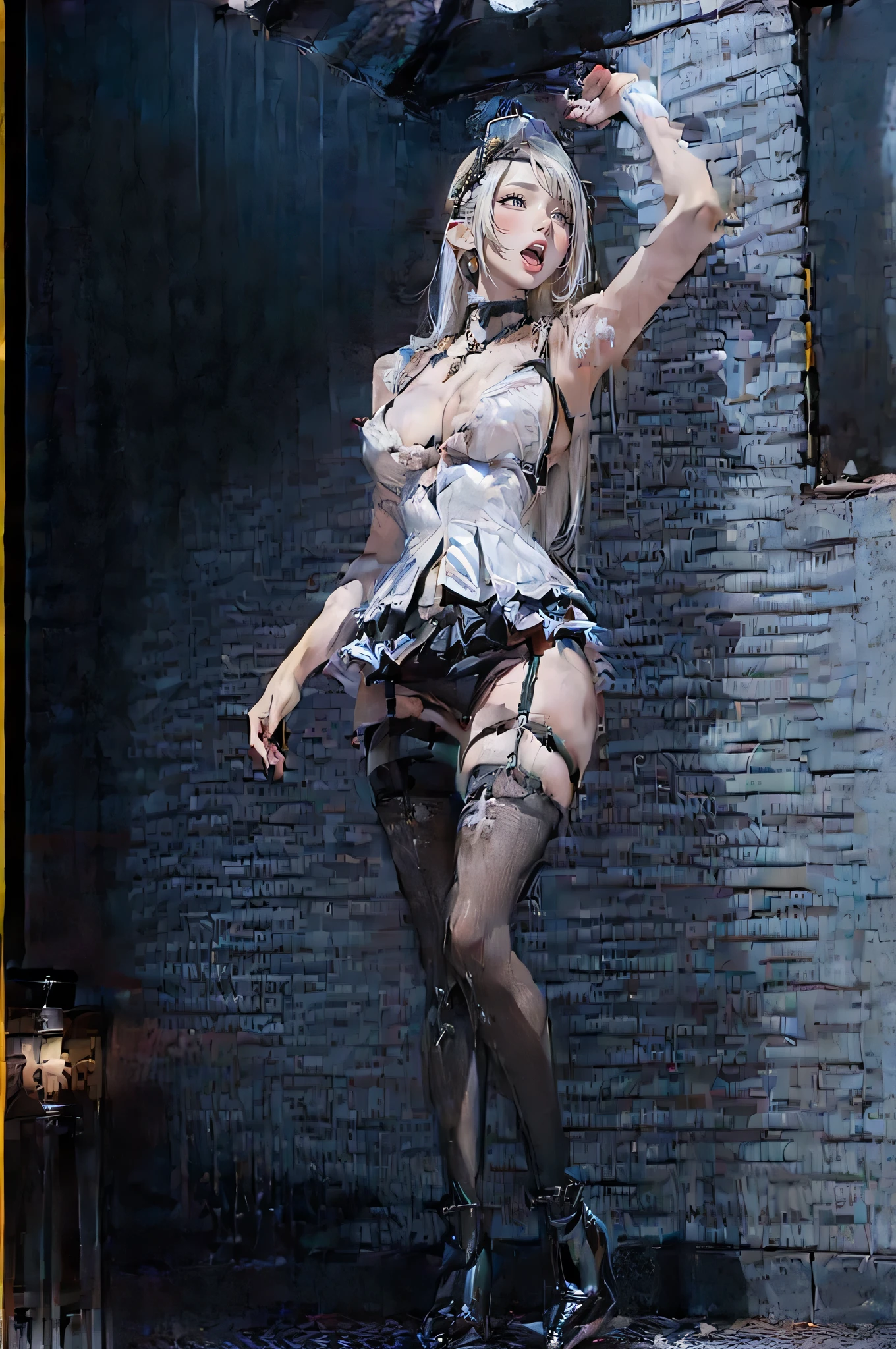 (((((Two beauties:1.8)))))Dark blue high socks,Real、8k,masterpiece,Perfect human body,8 heads,(RAW Photos:1.2)、(Realistic:1.4)、The beauty of beautiful details　Laughter、BIG 、bionde、((necklace))(Glowing Skin)Earrings　eyelash　Beautiful and detailed、Large file size、Very detailed、High resolution、Transcendental beauty　Highest quality、masterpiece、、((See-through,Frills,lingerie))、Very detailed performance, In detail、Highly detailed facial cinematic lighting、17-sitive、((Dynamic pose)))、(Lean back:1.2), (Open Stance))、(From below:1.5), (Under the skirt:1.5), Check Pleated Skirt、Sexy upward glance,pread your legs and show me your panties:1.5), (Black Sugh Panties:1.5), (Low rise:1.5),white hair:1.5), (Healthy Body:1.5), (High leg tiny panties,,,,,,:1.5), (Looks like see- panties :1.3), (Pubic hair is visible:1.5),ing Caution:1.5), (Shyness:1.5), (Black long boots:1.5)((Big Breasts:1.7))The underboob is visible,Sideboob.8))Thick vagina,wet vagina