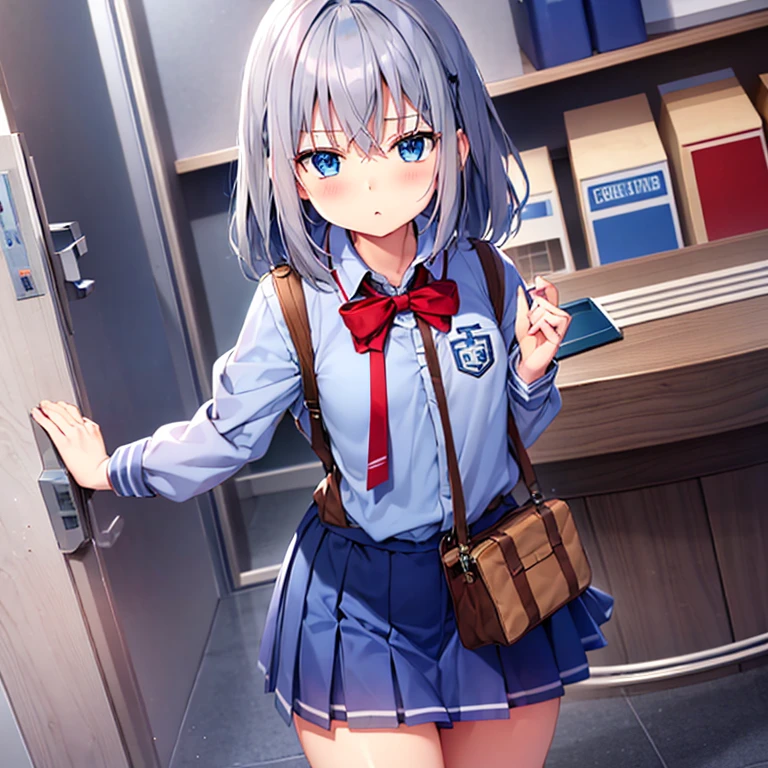 Gray Hair,blue eyes,long,Red hair ornament,he is short,uniform,Light blue skirt,plane