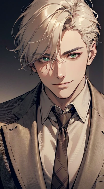((a  man, very handsome, smile in love, short grey golden hair, green eyes, perfect face without errors)), ((buttonthe jacket, CEO)), (best quality, masterpiece, 8K, photorealistic, cinematic lighting, hdr image, ultra detailed, beautiful image), (portrait, detailed facial features, intricate textures, realistic skin tones, highly detailed, ultra-realistic), (warm lighting, soft shadows, dramatic lighting), (muted color palette, rich tones), (professional photography, high resolution, studio lighting)