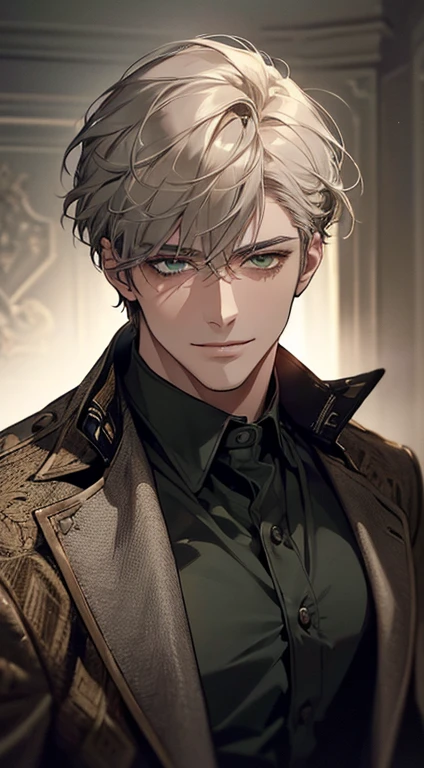 ((a mature man, very handsome, smile in love, short grey golden hair, green eyes, perfect face without errors)), ((buttoning the jacket, CEO)), (best quality, masterpiece, 8K, photorealistic, cinematic lighting, hdr image, ultra detailed, beautiful image), (portrait, detailed facial features, intricate textures, realistic skin tones, highly detailed, ultra-realistic), (warm lighting, soft shadows, dramatic lighting), (muted color palette, rich tones), (professional photography, high resolution, studio lighting)