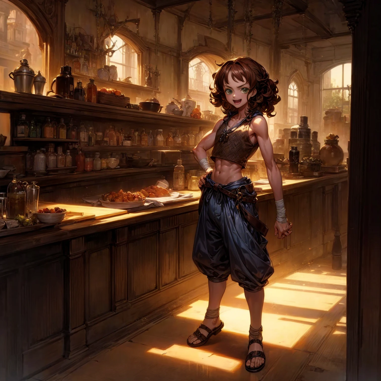 Solo character, full body version, kid boy, big muscle, big torso, green eyes, brown hair, long hair, bob hair, Curly hair, casual clothing, short pants, bandage, Sleeveless, sandals, indoor, bar, village, medieval, morning, standing gesture, detailed background, detailed clothing, detailed hair, happy eyes, open mouth, (one piece style art)