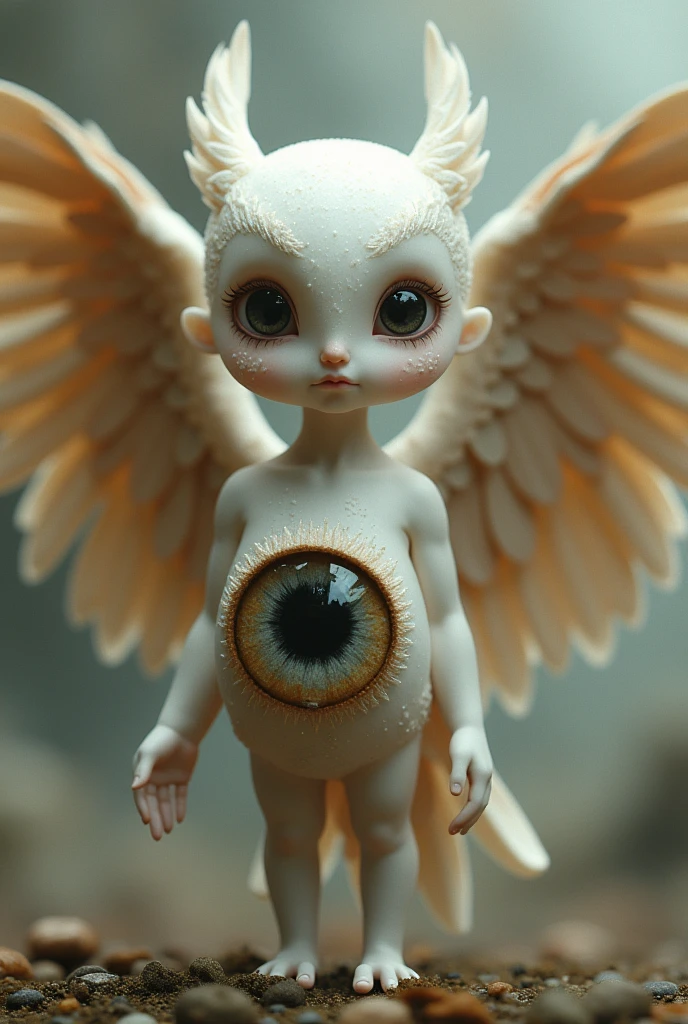 Angel small human body and face with double brown owl wings, white skin with a super big eye on the abdomen