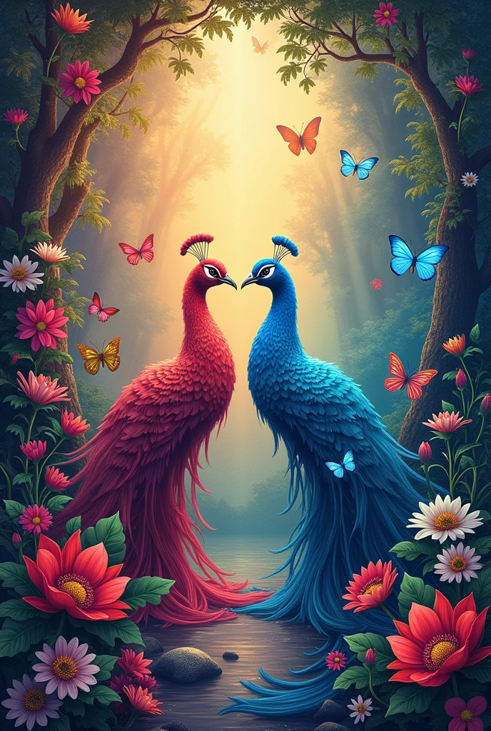 SURESH name with red color and SARIKA name with blue color flowers butterflies and peacocks background 