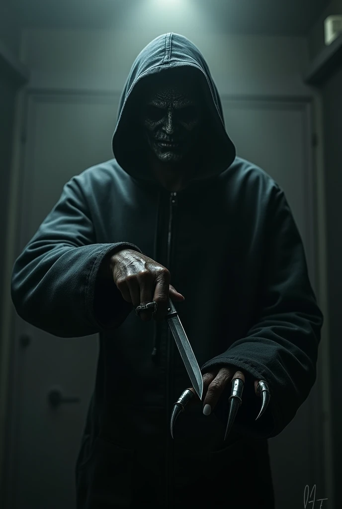 Man in mask, claws on the fingers and a knife in the right hand