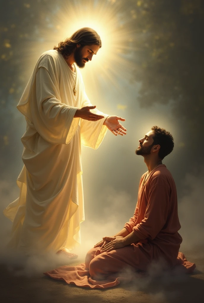 Jesus in spirit instructing the medium Chico Xavier who psychographs with his head down and one hand on his forehead