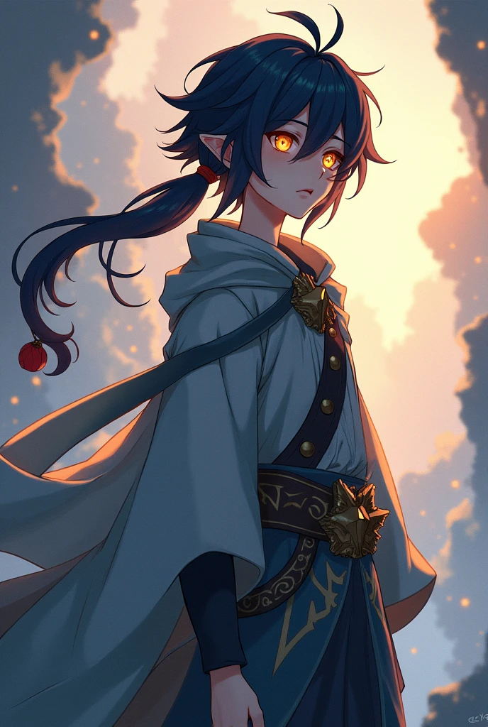Anime boy with 174 cm height,yellow light eyes and black long touching shoulder turn to the left in wanderer's clothes from genshin impact