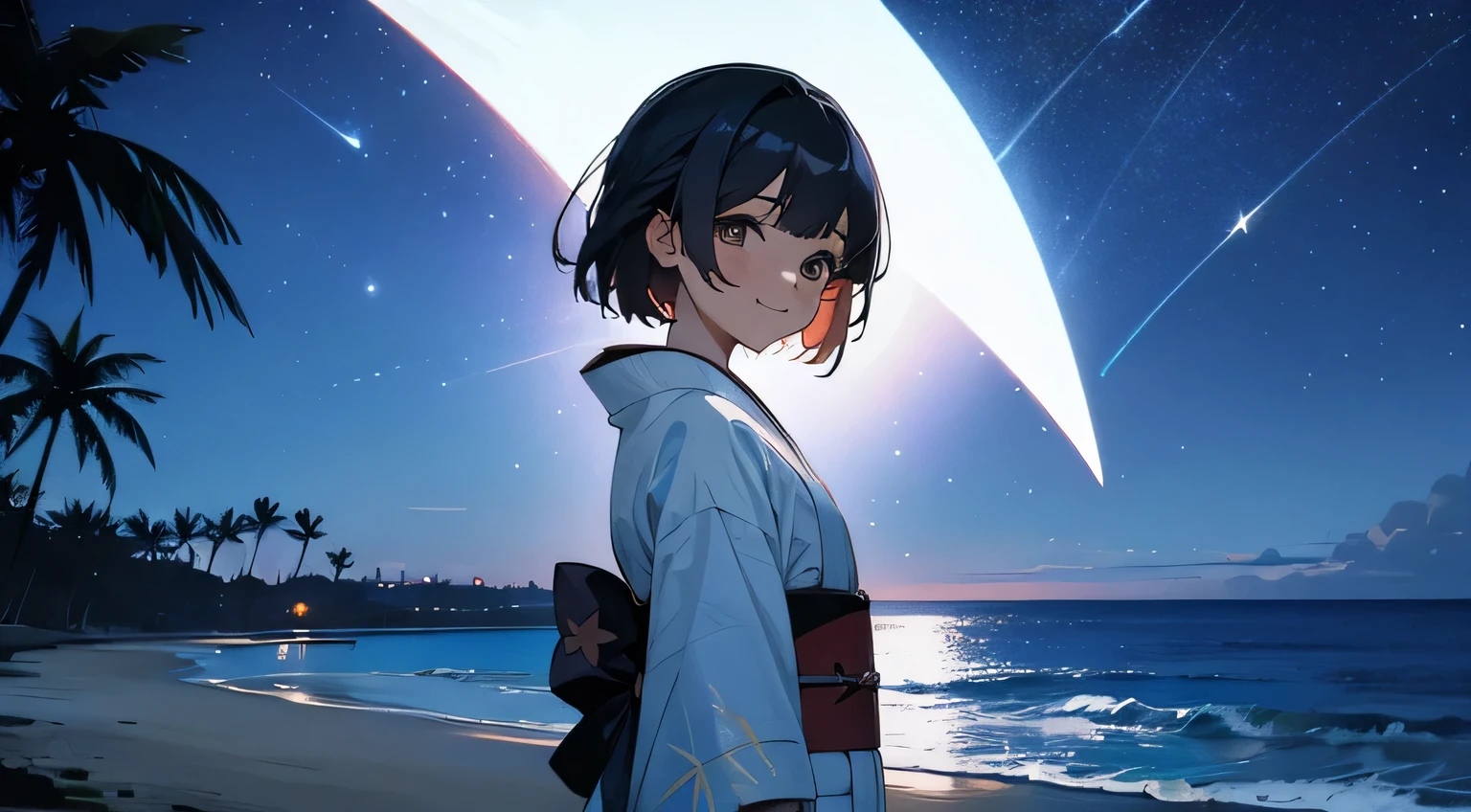 night sky,beach,palm tree,stars,smile,kimono girl,