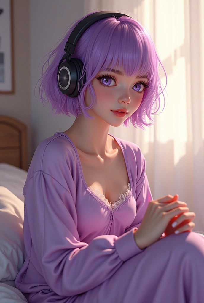 (photorealism:1.2), beautiful woman, white background, purple pajama, wearing headphone, purple pajama pants, short purpel hair, indoors, soft lighting, cozy room, sweet pose, realistic, intricate details, warm colors, by Greg Rutkowski, by Alphonse Mucha