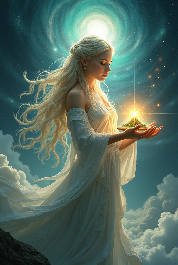 Profile drawing of a goddess holding up an island with her hands
