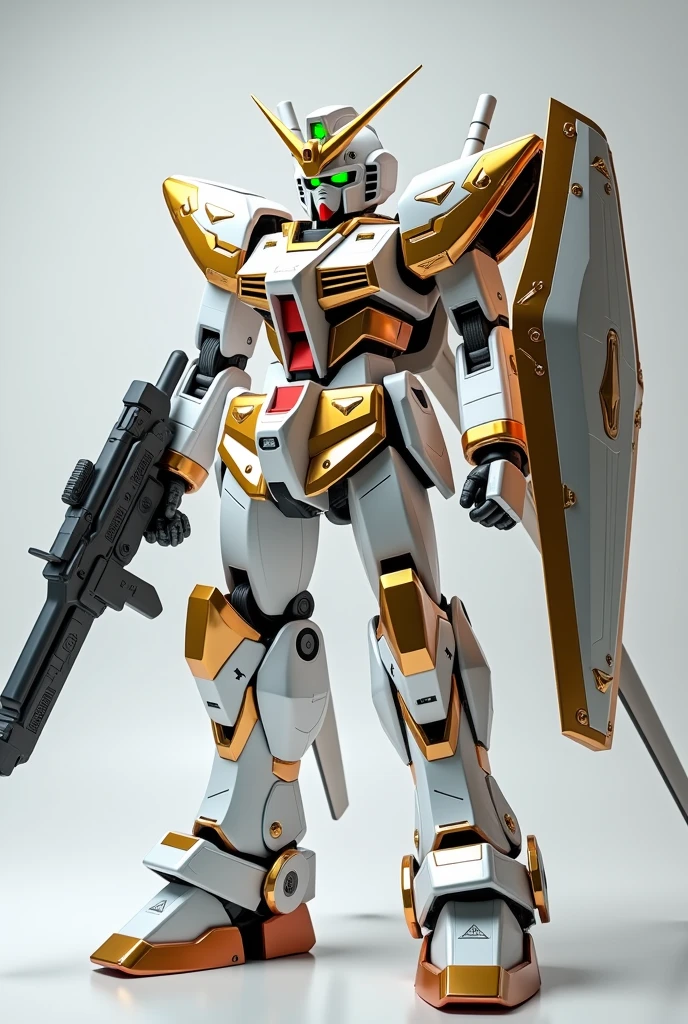 The image shows a white and gold gundam, in the style of intersecting planeshighly realistic, grandeur of scale, playfully intricate, glassy translucence, gracefulposes, super details, Maxon Cinema 4D, high detail, 32k --s 1000 --uplight --ar 9:16