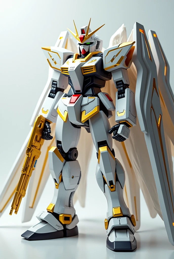 The image shows a white and gold gundam, in the style of intersecting planeshighly realistic, grandeur of scale, playfully intricate, glassy translucence, gracefulposes, super details, Maxon Cinema 4D, high detail, 32k --s 1000 --uplight --ar 9:16
