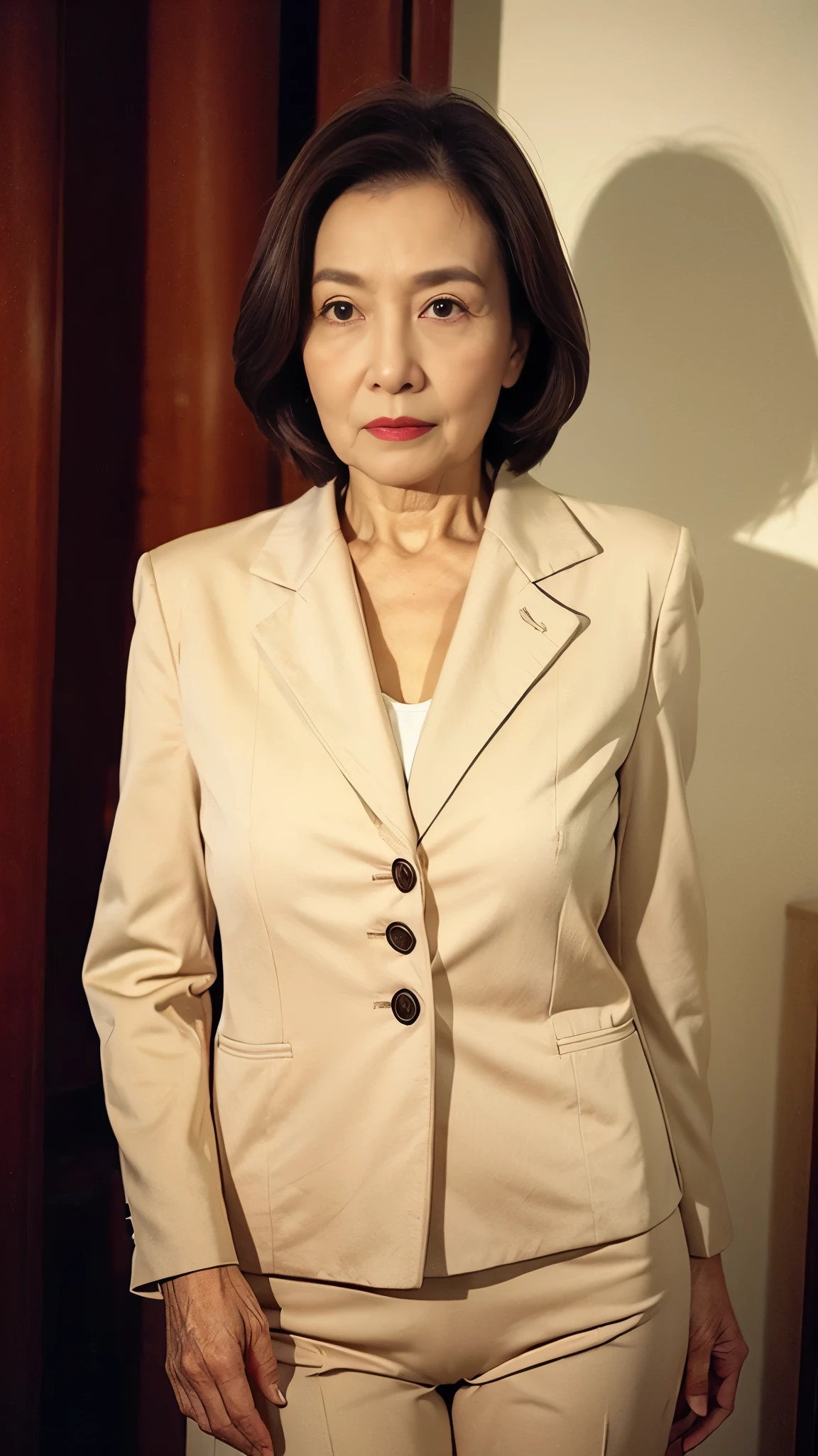masterpiece, ((Depth of written boundary)), 32K, Beautiful finish, Face close-up, Beautiful mature woman, 80 years old, Photo of your ID, Business Person, board member, View from the front, Long face, A disdainful look, Cool look, Red lips, Thin lips, White innerwear, suit, Remove Background, Light from the front,