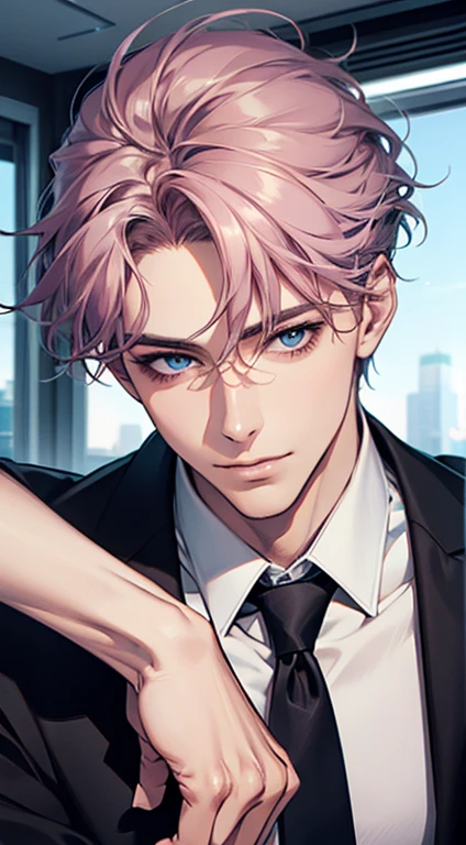 (Highest quality,4K,8K,High resolution,masterpiece:1.2),Super detailed,(Realistic,photoRealistic,photo-Realistic:1.37),1 person,31 years old,Mature Men,Beautiful skin、very handsome,Expressionless,smile,Short gray pink hair,blue eyes,Sharp Eyes,A perfect face without a doubt,Businessman,Office Background,Cinema Lighting,HDR image,tie、