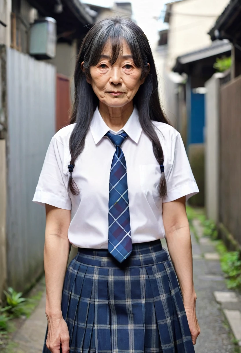 ((be familiar with)), ((Details of the face)), ((((In the back alley)))), ((((Japanese women)))), ((((65-years old)))), ((Black long hair)), ((Forehead)), ((((sagging droopy breasts)))), ((((fat body)))), ((Ugly Face)), (Nasolabial folds), ((Ugly)), ((Saggy cheeks)), (((school uniform、White shirt、tie、Checked mini skirt))),
