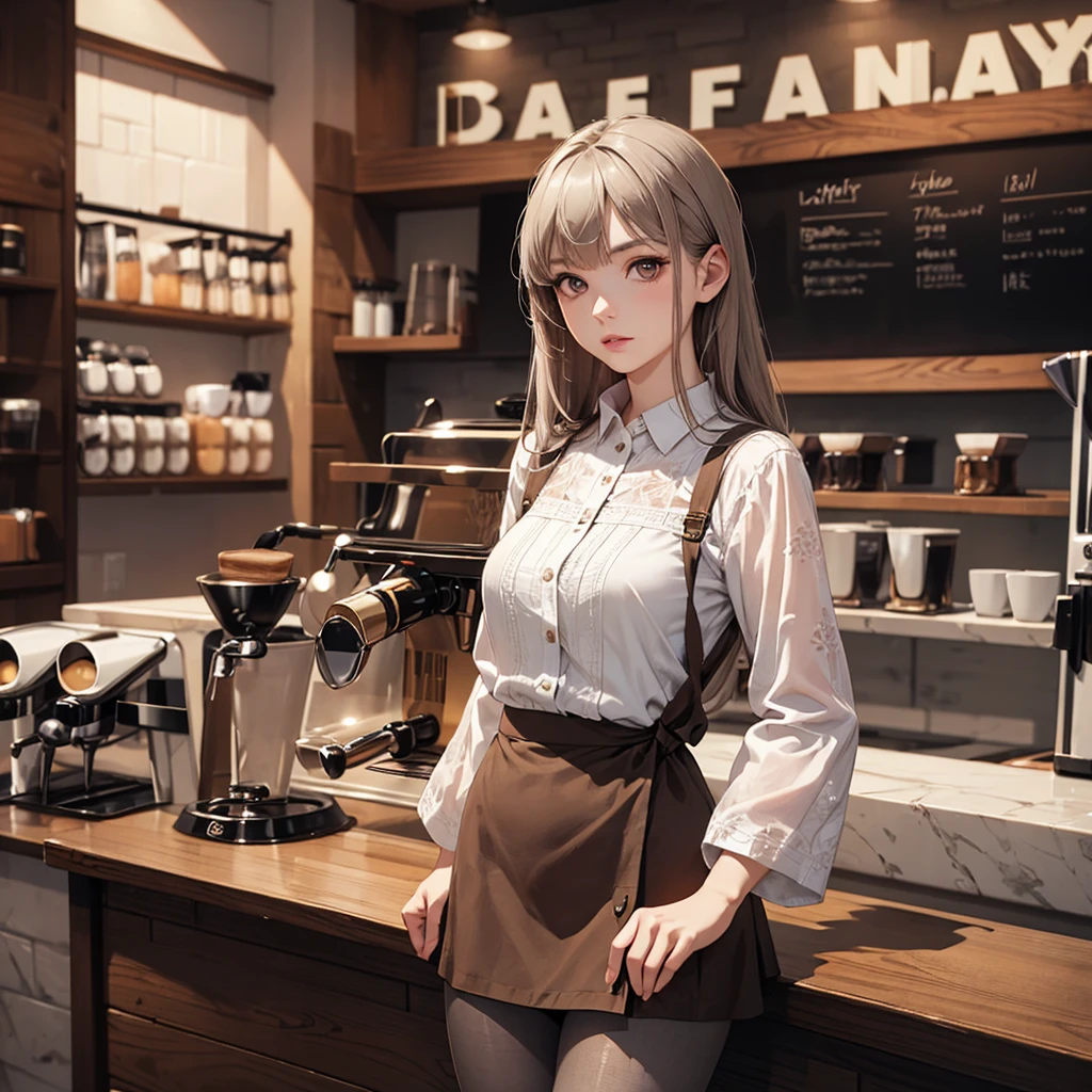 CG, Unity, 8k, wallpaper, Highest quality, masterpiece, Lovely lady, 18-year-old, Gray Hair, White skin, (pantyhose:1.3), (Realistic:1.2), Best lighting, Complex pupil, Intricate weaving, Detailed Background,(Barista:1.5),Patterned blouse、Brown patterned mini skirt、Transparent sleeves、For battle