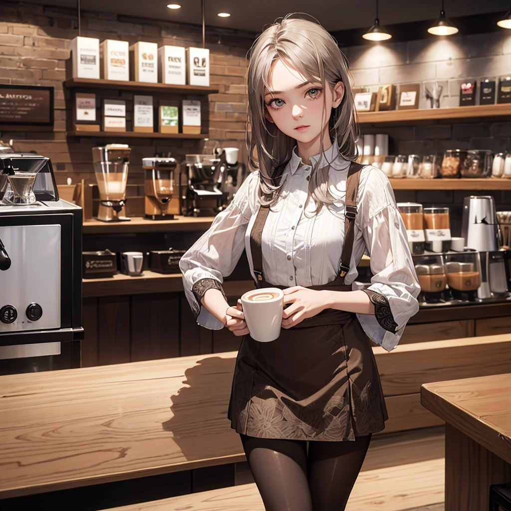 CG, Unity, 8k, wallpaper, Highest quality, masterpiece, Lovely lady, 18-year-old, Gray Hair, White skin, (hose:1.3), (Realistic:1.2), Best lighting, Complex pupil, Intricate weaving, Detailed Background,(Barista:1.5),Patterned blouse、Brown patterned mini skirt、Transparent sleeves、For battle