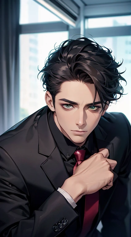(Highest quality,4K,8K,High resolution,masterpiece:1.2),Super detailed,(Realistic,photoRealistic,photo-Realistic:1.37),1 person,35 years old,Mature Men,Beautiful skin、very handsome,Expressionless,Short gray Black hair,green eyes,Sharp Eyes,A perfect face without a doubt,Businessman, CEO, Office Background,Cinema Lighting,HDR image,tie、