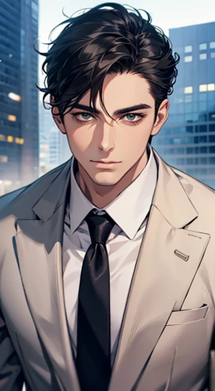 (Highest quality,4K,8K,High resolution,masterpiece:1.2),Super detailed,(Realistic,photoRealistic,photo-Realistic:1.37),1 person,35 years old,Mature Men,Beautiful skin、very handsome,Expressionless,Short gray Black hair,green eyes,Sharp Eyes,A perfect face without a doubt,Businessman, CEO, Office Background,Cinema Lighting,HDR image,tie、