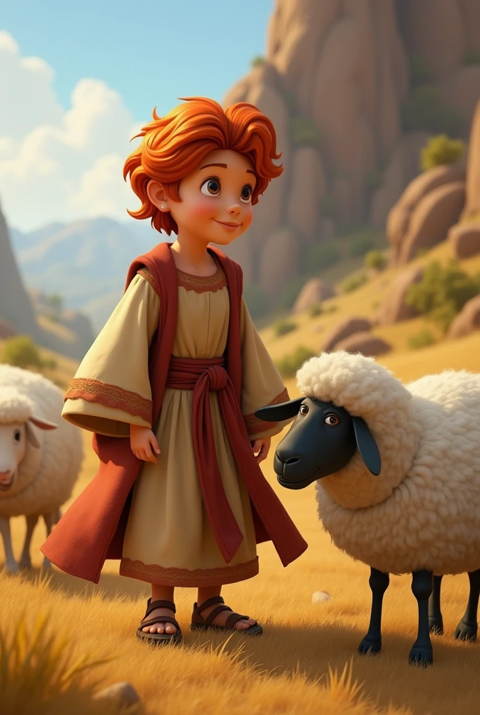 red-haired boy in biblical clothes playing with sheep disney pixar style
