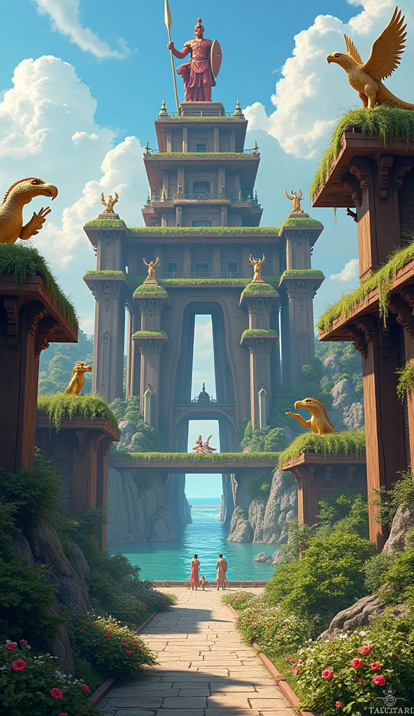 A grand city by the sea, Nalandangan features towering wooden structures with massive pillars. The roofs are adorned with grass, and reptilian statues with open mouths and sharp teeth guard the ends of the beams. A Red Warrior statue stands on the roof, with two golden warriors holding spears and shields. To the west is a statue of a maiden washing in a stream, and to the east, a golden eagle with open wings overlooks the city. The surroundings include shrubs, blooming plants, and a courtyard of silver.