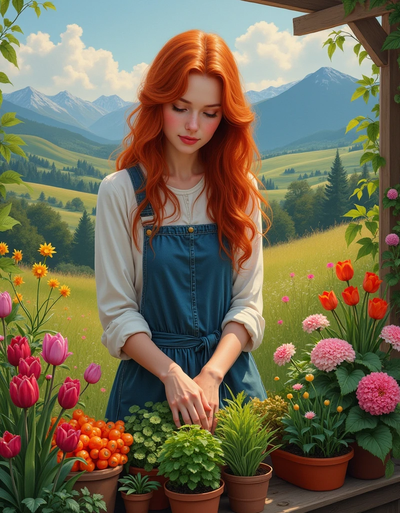 Create a Masterpiece cinematic realistic oil on canvas painting with Don Lawrence style of the beautiful redhead florist woman passionately nurturing vibrant flowers at her urban garden stall, insanely detailed and intricate scene, variety flowers and vegentables plants in background with beautiful hilly meadows and small. woods and also mountains