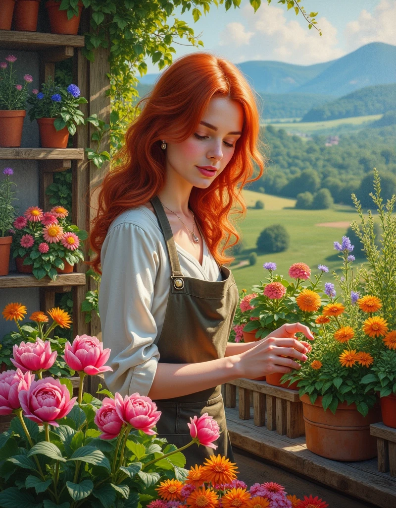 Create a Masterpiece cinematic realistic oil on canvas painting with Don Lawrence style of the beautiful redhead florist woman passionately nurturing vibrant flowers at her urban garden stall, insanely detailed and intricate scene, variety flowers and vegentables plants in background with beautiful hilly meadows and small. woods and also mountains
