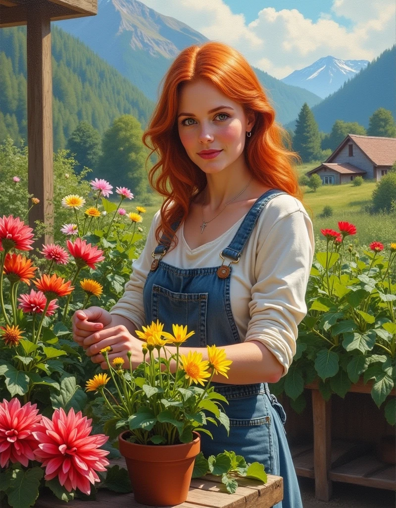 Create a Masterpiece cinematic realistic oil on canvas painting with Don Lawrence style of the beautiful redhead florist woman passionately nurturing vibrant flowers at her urban garden stall, insanely detailed and intricate scene, variety flowers and vegentables plants in background with beautiful hilly meadows and small. woods and also mountains