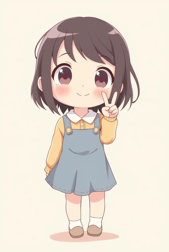 Kawaii girl smiling standing with her hand next to her face showing two fingers, Her face is round and her hair reaches her shoulders.