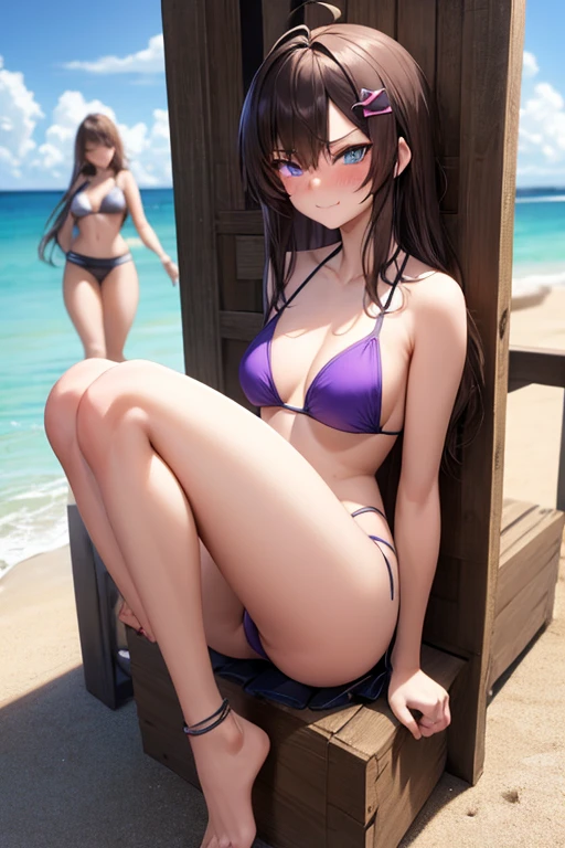 ((best quality)), ((masterpiece)), (detailed), 4 people, 4 girls gathered on the beach, photo pose, 1 girl, full body, 20 years old, young adult, happy face, smile, young adult, tall, blue eyes, long blonde hair, hair ornaments, star hair ornaments, bangs, big breasts, sexy purple bikini, bikini with stars, seductive legs, 1 girl, full body, 20 years old, young adult, surprised face, young adult, tall, green eyes, short pink hair, bangs, medium breasts, sexy blue bikini, seductive legs, sexy legs, 1 girl, full body, 19 years old, angry face, young adult, somewhat short stature, purple eyes, brown hair, slightly wavy hair, long hair, bangs, blush, very small breasts, sexy white bikini with skirt, seductive legs, 1 girl, full body, , young adult, embarrassed face, tall, gray eyes, long hair white, spiky hair, ahoge, bangs covering her right eye, very small breasts, flat chest, sexy black bikini, seductive legs, beach background, looking at me, hugging, anime