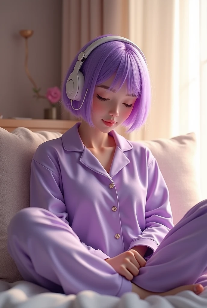 (photorealism:1.2), beautiful woman, white background, purple pajama, wearing headphone, purple pajama pants, short purpel hair, indoors, soft lighting, cozy room, sweet pose, realistic, intricate details, warm colors, by Greg Rutkowski, by Alphonse Mucha
